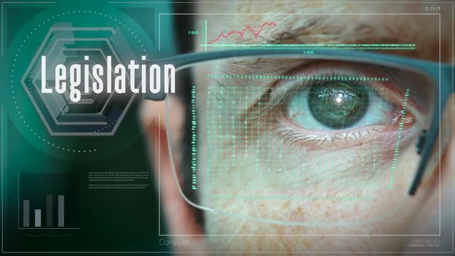 A close up of a businessman eye controlling a futuristic computer system with a Business Legislation concept.