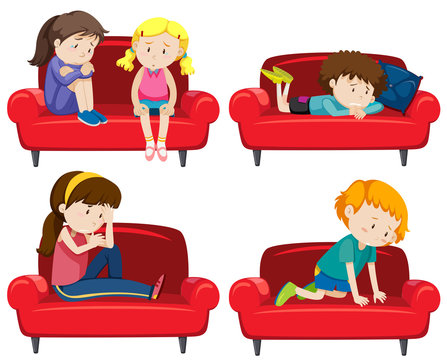 Set of depressed kids on couch