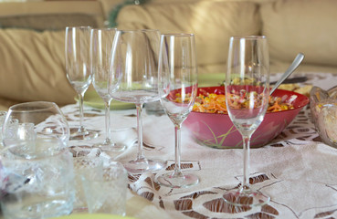 Festive table-glasses, snacks, salads