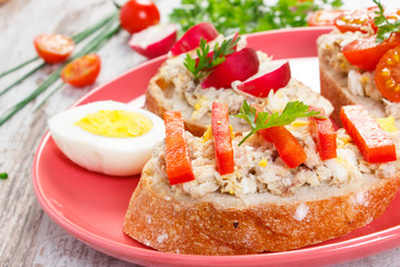 Closeup of mackerel or tuna fish paste sandwiches or baguette on glass plate