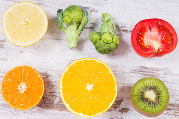 Fruits and vegetables as sources vitamin C, dietary fiber and minerals, strengthening immunity concept