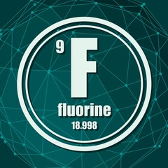 Fluorine chemical element. Sign with atomic number and atomic weight. Chemical element of periodic table. Molecule And Communication Background. Connected lines with dots.
