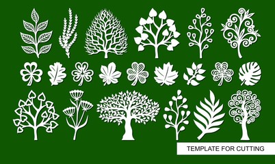 Set of silhouettes of plants, trees, algae, branches. Template for laser cut, wood carving, paper cutting and printing. Vector illustration. - obrazy, fototapety, plakaty