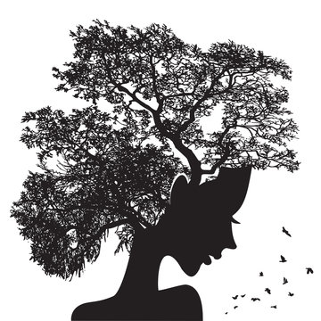 Woman Face And Tree Silhouette - Vector Illustration. Double Exposure In Outline Graphics - A Portrait Of A Beautiful Girl And A Tree Branch Like Hair. The Concept Of The Living Soul Of Nature.