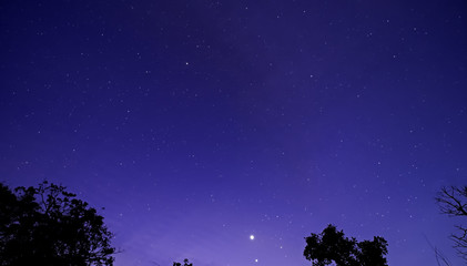 Fototapeta premium Astrofotografia tła nocnego nieba gwiaździstego z sylwetka pierwszego planu