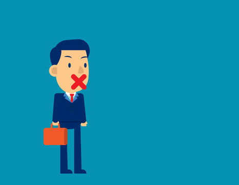 Businessman with sticking tape his mouth. Concept business vector illustration, Cute cartoon character, Freedom of speech.