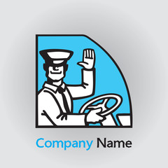 Smiling happy public transport driver with wheel. Vector image of man in the uniform cap and clothes. Illustration of a passenger bus driving for icon or logo design.