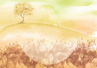 Watercolor vintage bush, a tree in brown, orange, yellow color. On the Sunset. Abstract spots, shore, sky, watercolor landscape. Countryside landscape with a tree on a hill, wild grass, thickets.