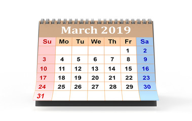 March month 2019 year calendar on a white background. 3d illustration 