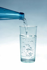 Mineral water in a bottle and in a glass
