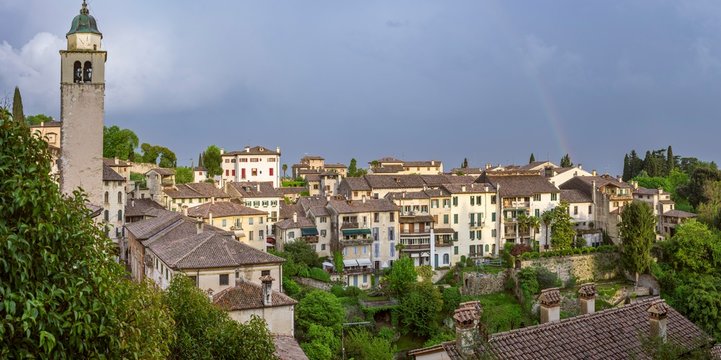View of the village with rainbow, Asolo, Veneto, Italy, Europe