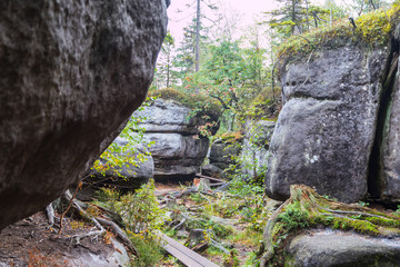 Sandstone Errant Rocks labyrinth in the Table Mountain in National Park in Poland