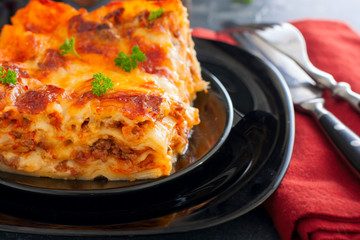 Traditional Italian Lasagna Bolognese with minced meat and tomato sauce, horizontal