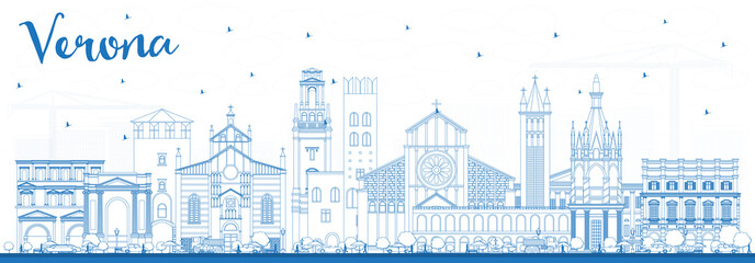 Outline Verona Italy City Skyline with Blue Buildings.