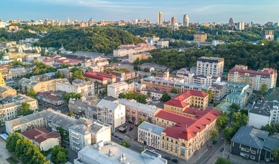 Aerial top view of Kyiv cityscape, Podol historical district skyline from above, city of Kiev, Ukraine
