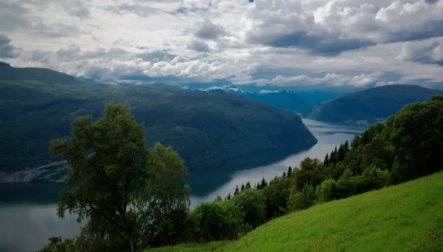 Landscape panoramic view to innvikfjorden, innvik and utvik village, Norway