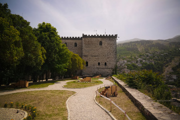 Fototapeta na wymiar Panoramic view to Gjirokastra castle with the wall, Gjirokaster, Albania