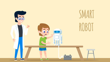 Smart Robot Programming. Young Teacher with Boy