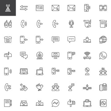 Communication elements line icons set. linear style symbols collection, outline signs vector graphics. Set includes icons as Antenna, email, phone call, telephone, smartphone, chat message, video call