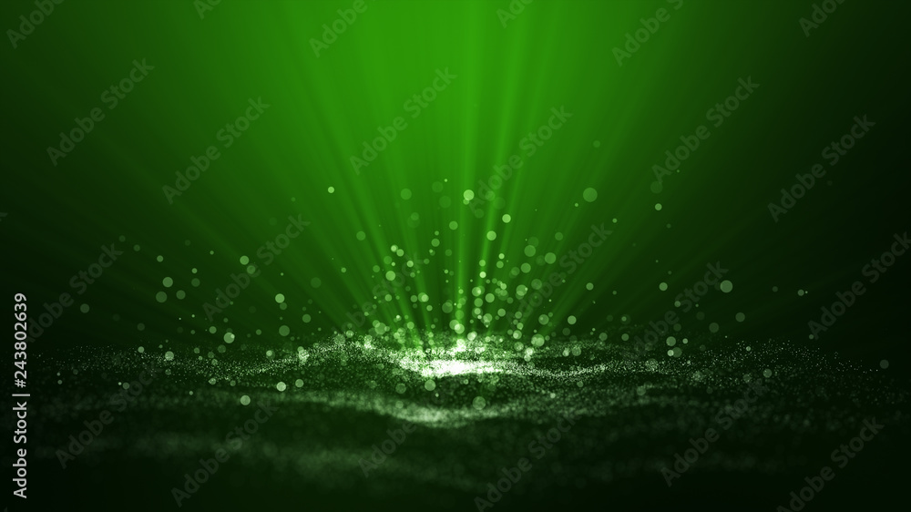 Poster green digital abstract background with wave particles, glow sparkles and space with depth of field. 