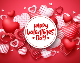 Valentines day vector hearts background template. Happy valentines day greeting text in white space with hearts shape elements and decorations in red background. Vector illustration.
