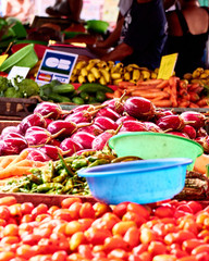 sales of fruits and vegetables on fairground market of saint-pierre, reunion island - 243803606