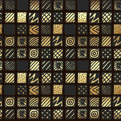 Luxury style bright vector seamless pattern. Hand drawn gold patterned squares on black background for textile, wallpaper, wrapping, cover, web site, card, carton, print, banner, ceramic tiles.