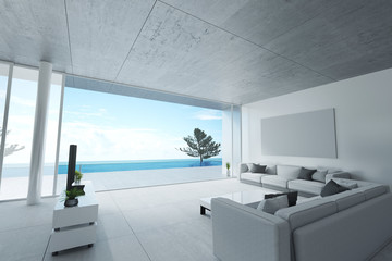 3D rendering : illustration of a soft sofa with sea view. peaceful living room loft modern style against swimming pool at luxury villa resort. travel in summer time concept. summer vacation travel.