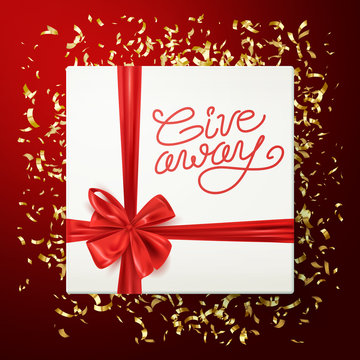 Giveaway banner, gift box with red bow, advertisement, vector illustration
