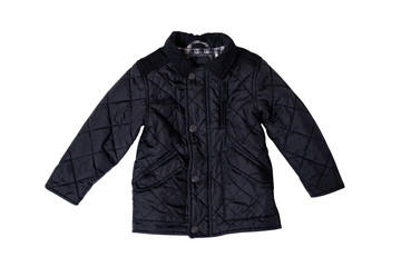 Black kids quilted jacket flat lay. Fashion concept. Isolate on white background.