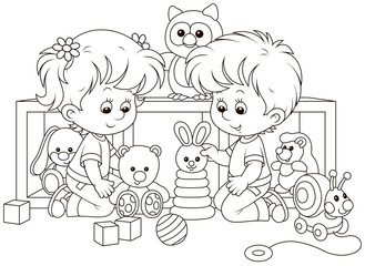 Small children playing with toys in a nursery, black and white vector illustration in a cartoon style for a coloring book