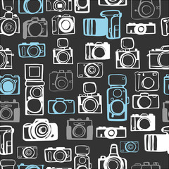 Hand drawn cameras.  Vector  seamless pattern