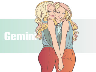 Zodiac sign Gemini. Beautiful girl with with curls. Zodiac constellation. Template for banner website.