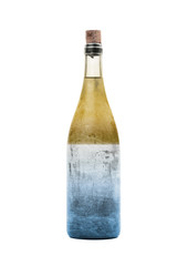 Old bottle of liquid, yellow and blue, covered in dust