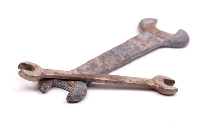 Old wrenches isolated, selective focus