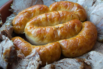 Sausages on the plate. Close-up sausage and meat.