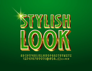 Vector chic emblem Stylish Look. Elegant Green and Golden Alphabet Letters, Numbers and Symbols. Luxury 3D Font.