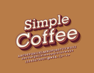 Vector bright Sign Simple Coffee. Retro stylish 3D Font. Vintage Alphabet Letters, Numbers and Symbols.