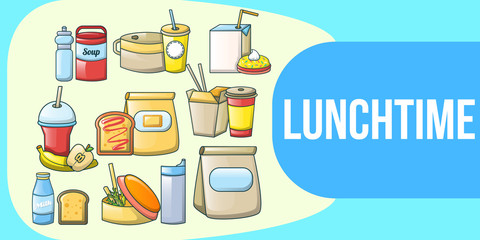 Lunchtime concept banner. Cartoon banner of lunchtime vector concept for web, giftcard and postcard