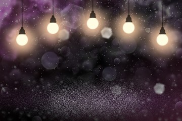 Fototapeta na wymiar nice sparkling glitter lights defocused bokeh abstract background with light bulbs and falling snow flakes fly, festal mockup texture with blank space for your content