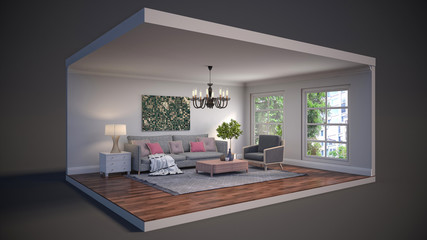 Interior of the living room in a box. 3D illustration