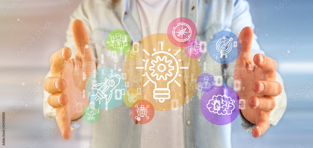 Poster cloud of colorfull start up icon bubble with data businessman holding a binary 3d rendering