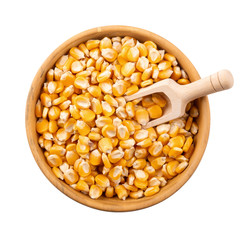Corn seeds in a wooden bowl isolated on white background