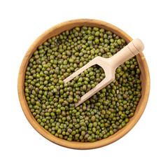 Raw mung bean or green bean in a wooden bowl isolated on white background