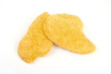 fried chicken breast on white background, photo in studio
