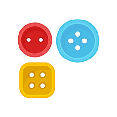 Two round and one square clothes button. Sewing accessories. Flat vector elements for poster of handicraft store