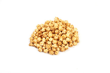 Pile of caramel popcorn on white background.