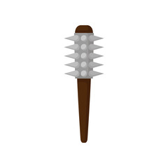 Brown wooden bat with big metal spikes. Old weapon. War mace. Flat vector design