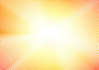 Undulating lines of orange, yellow, red gradient. Shiny waves. Abstract background with copy space. Line art pattern with flash effect. Design concept. Vector colored waving frame. EPS10 illustration