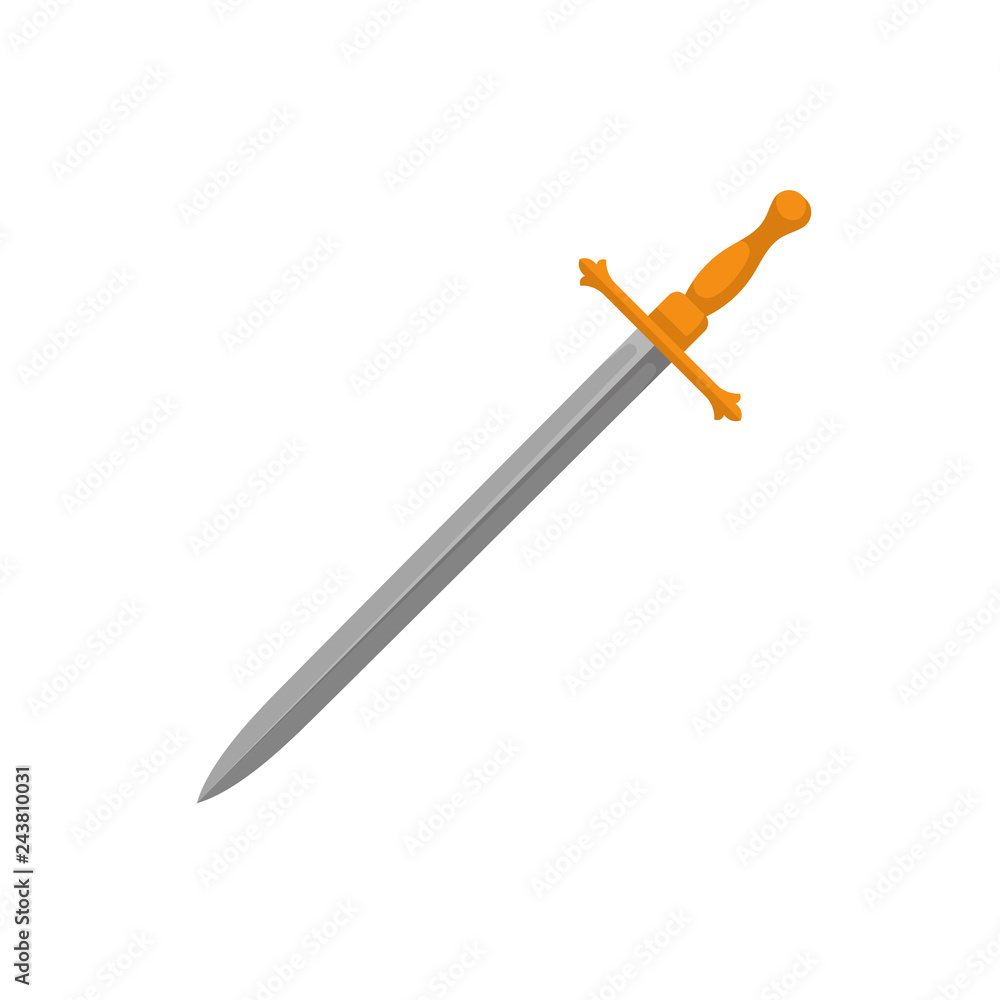 Poster flat vector icon of sword with long sharp blade and golden grip. fighting weapon of medieval warrior